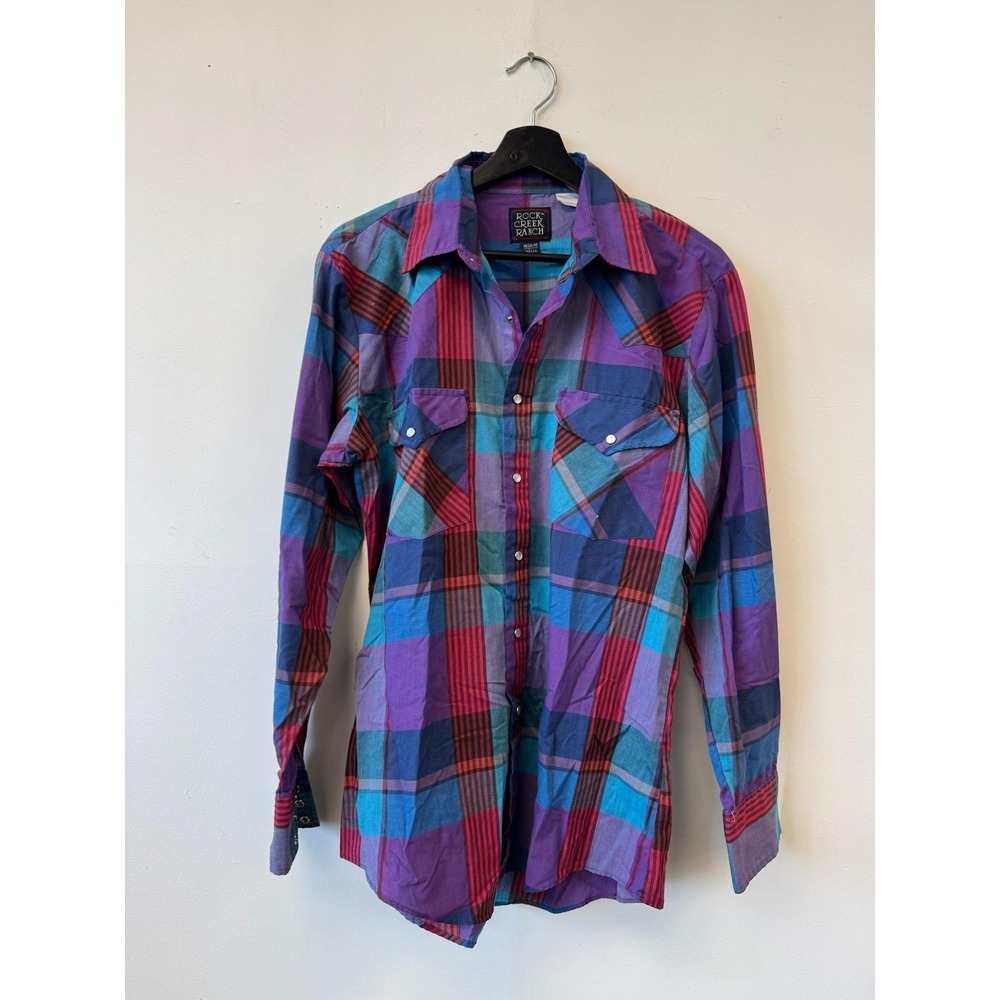 Vintage Rock Creek Ranch Shirt Medium Purple Plaid‎ Western Pearl Snap Cowboy